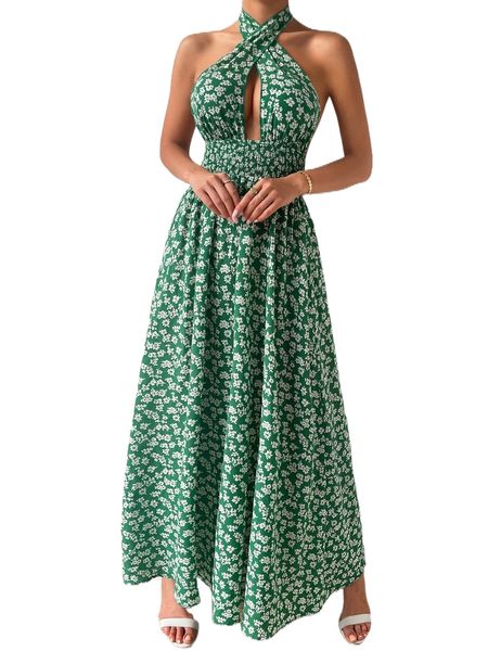 

ditsy floral shirred waist halter neck backless dress 1028#, Black;gray