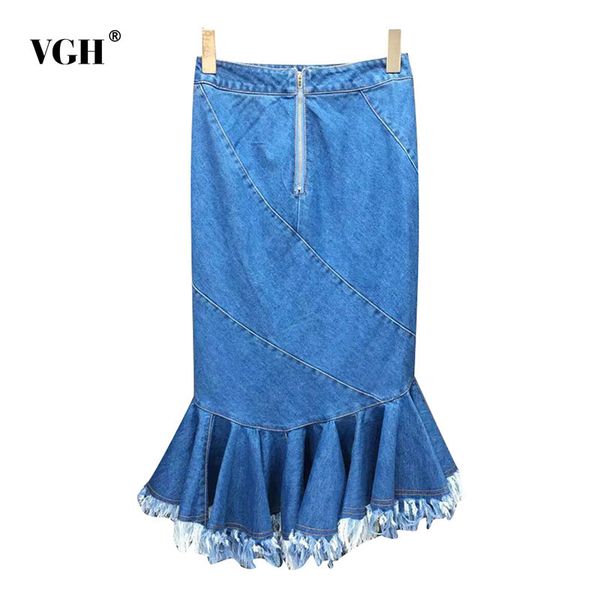 

vintage asymmetrical black denim skirt for women high waist patchwork tassel casual midi skirts female fashion clothing 210507
