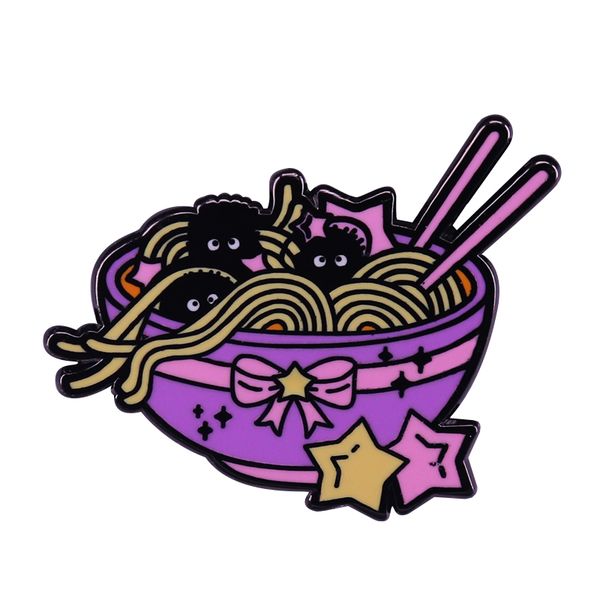 

japanese food ramen witn a few black soot sprites enamel pin purple color, Blue