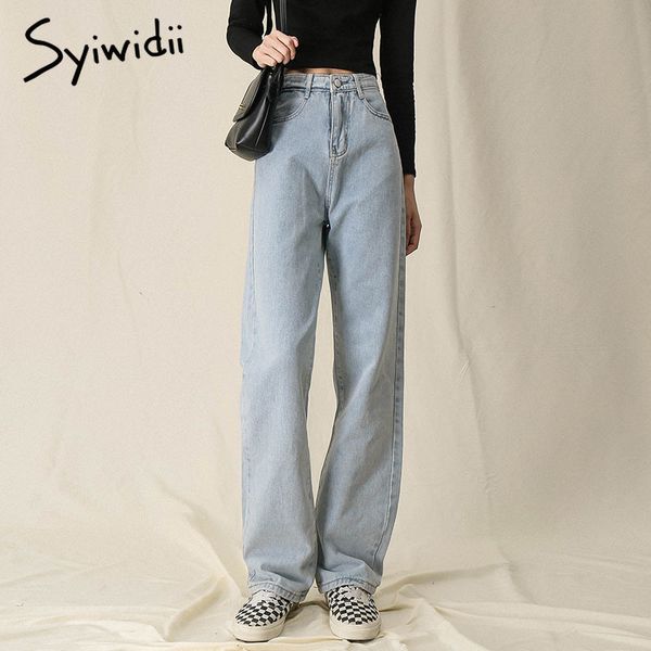 

high waisted jeans for women straight mom denim pants full length trousers washed clothes sky blue black bottoms 210415