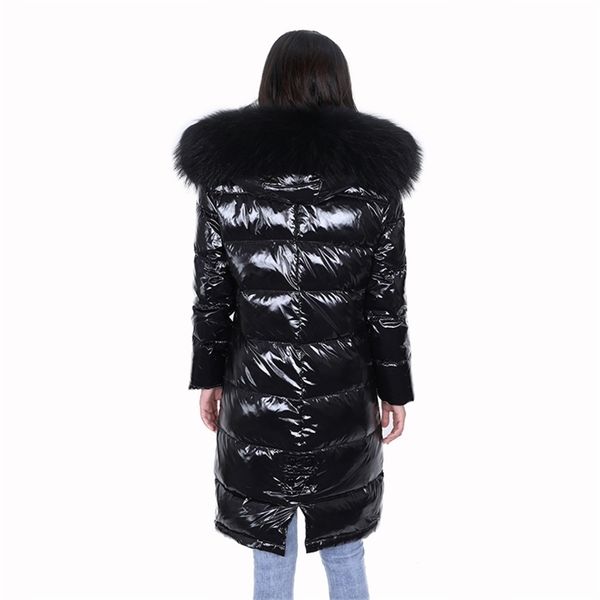

maomaokong winter long white duck down lining real raccoon fur collar warm black shiny streetwear jacket ladies 201019, Black;brown