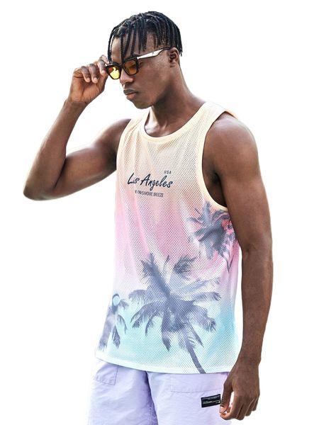 

men coconut tree & letter graphic ombre tank c4zh#, White;black