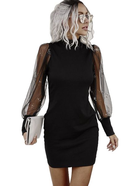 

contrast mesh lantern sleeve bodycon dress i7d0#, Black;gray