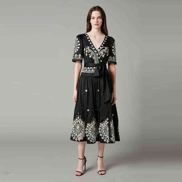 

casual dresses summer dress summer women's style with belt heavy industry embroidered cotton v-neck short sleeve dress k9ul, Black;gray