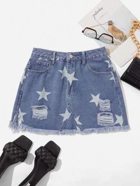 

star print raw hem ripped denim skirt z8kd#, Black