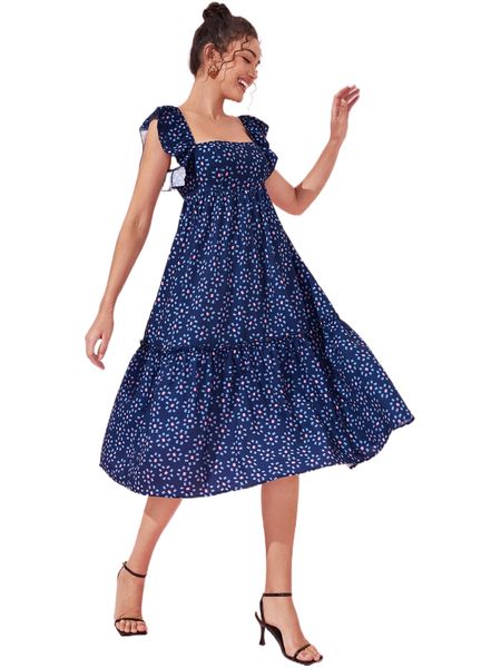 

x simone desantis allover print flutter sleeve square neck frilled shirred back dress w8ac#, Black;gray