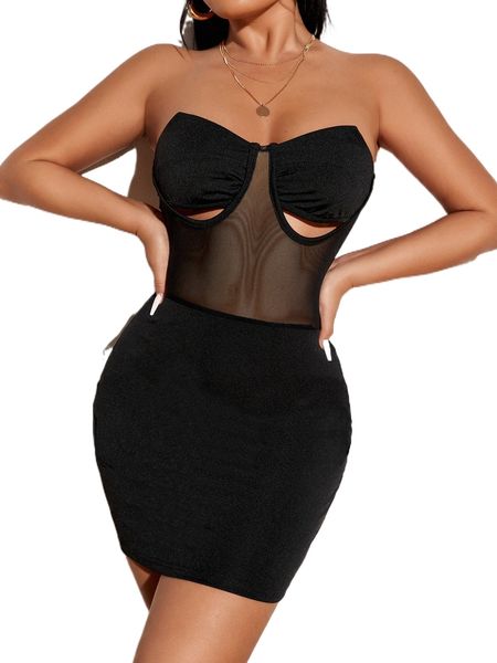 

sxy contrast mesh cut out bustier tube dress j2py#, Black;gray