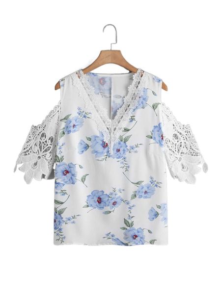 

plus floral print guipure lace insert blouse c6pn#, Black