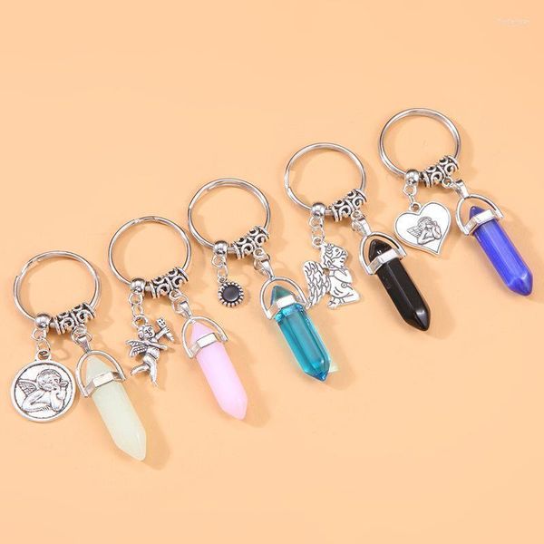 Клавки 1pc Natural Quartz Stone Keyring для любовников Heart Angel Подвесной кулон.