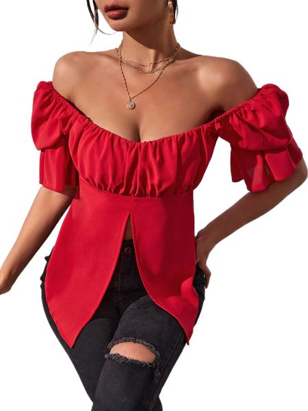 

puff sleeve off shoulder asymmetrical hem q47a#, White