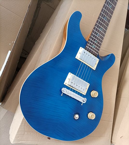 

6 strings blue electric guitar with flame maple veneer abalone inlay