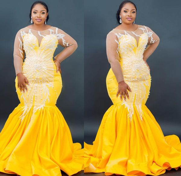 

2022 plus size arabic aso ebi yellow mermaid prom dresses lace beaded evening formal party second reception birthday engagement gowns dress, Black