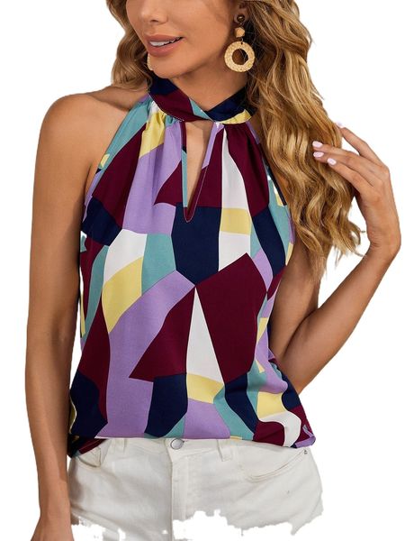 

geo print twist cut out tie back halter blouse q9lv#, White