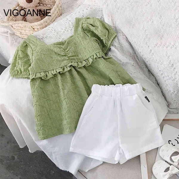 Vigoanne 2022 Girl Summer Set Set Top Top Top Top Topdown Collear Tops   корейские карманные шорты 2 шт. Детская одежда 2-8 лет G220509