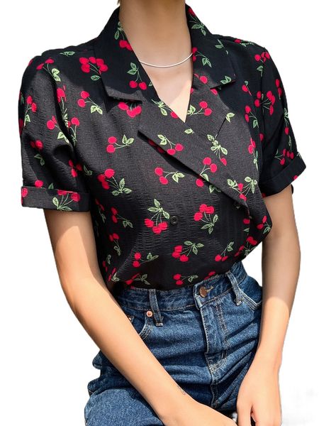 

dazy cherry print lapel collar puff sleeve blouse n17e#, White