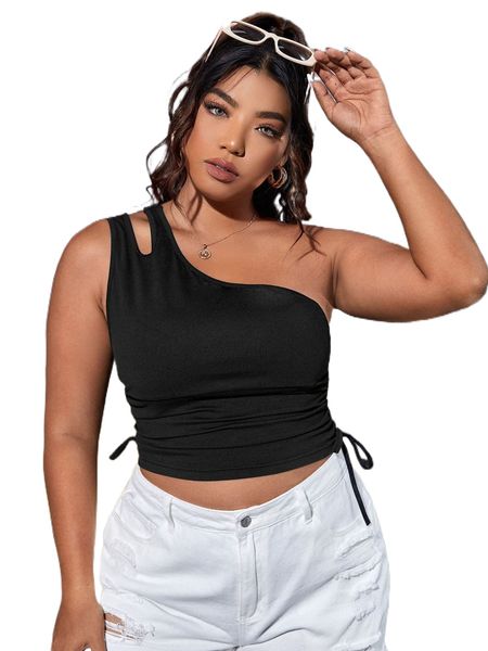 

plus cut out one shoulder ruched knot side crop l2fa#, Black