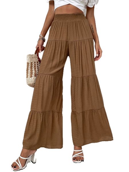 

shirred waist ruffle hem wide leg pants m6h1#, Black;white