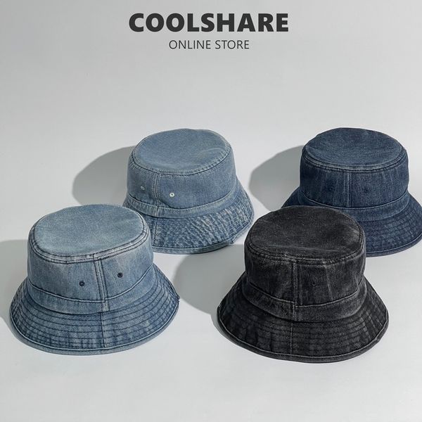

distressed vintage wide brim jean denim fisherman bucket hat, Blue;gray