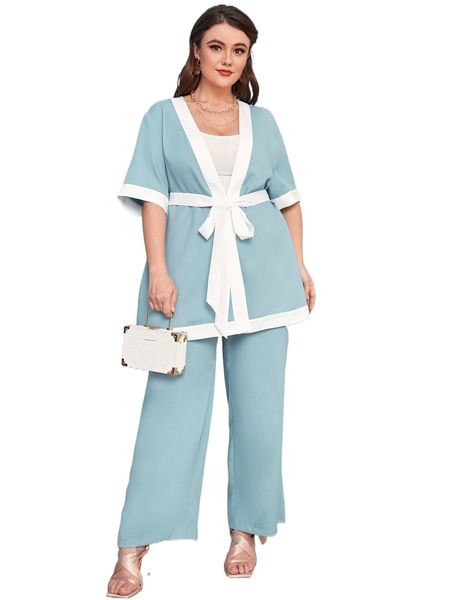 

plus contrast trim belted & palazzo pants set 34y5#, Black