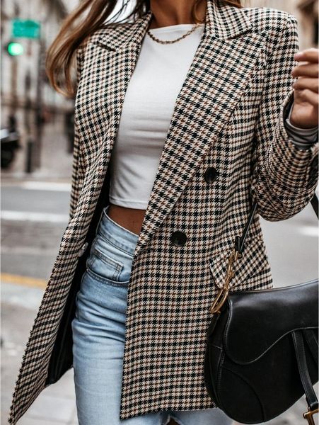 

plaid blazer jacket women spring autumn long sleeve casual slim khaki woman coats fall elegant office suit coat, White;black
