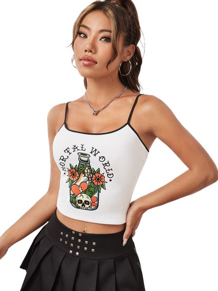 

x fabecco floral & letter graphic contrast binding crop cami z6yy#, White