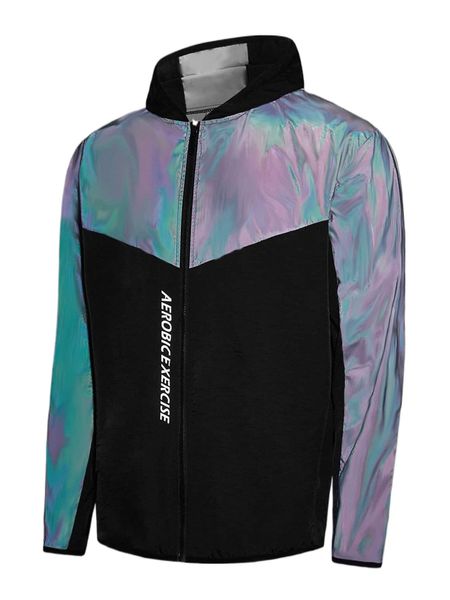 

men reflective color block letter graphic hooded sports jacket y7sn#, Gray