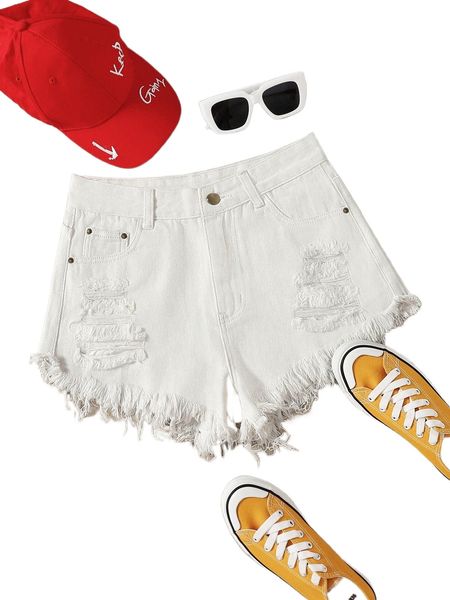 

destroyed fray hem denim shorts s8hc#, White;black