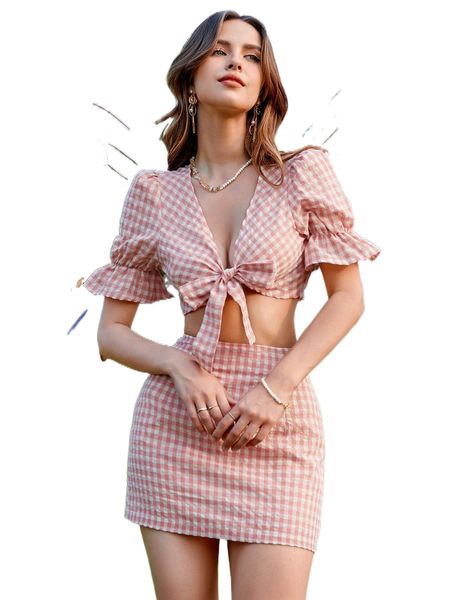 

g.ingham print f.lounce s.leeve knot f.ront crop t.op & s.kirt 24qx#, White