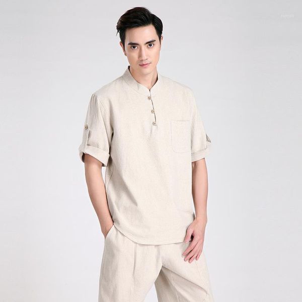 Moda de verão Tradição bege de linho de algodão masculino chinês Camisa de manga curta Tang Tang M L XL XXL XXXL 2606 Camisas casuais