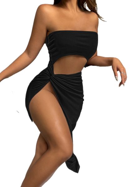 

cutout twist front split thigh dress 61sv#, Black;gray