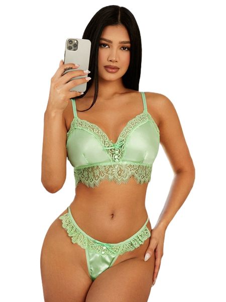 

contrast lace bow front lingerie set j31q#, Black;red