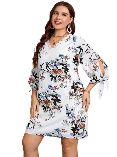 

plus floral print contrast guipure lace split sleeve tie cuff dress d0us#, Black