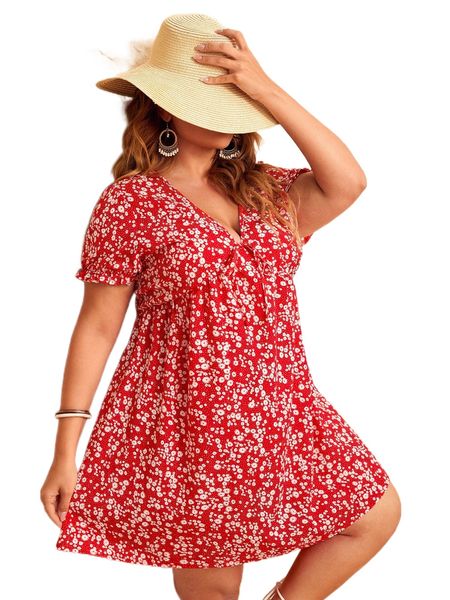 

plus ditsy floral print knot front frill cuff dress p4kk#, Black