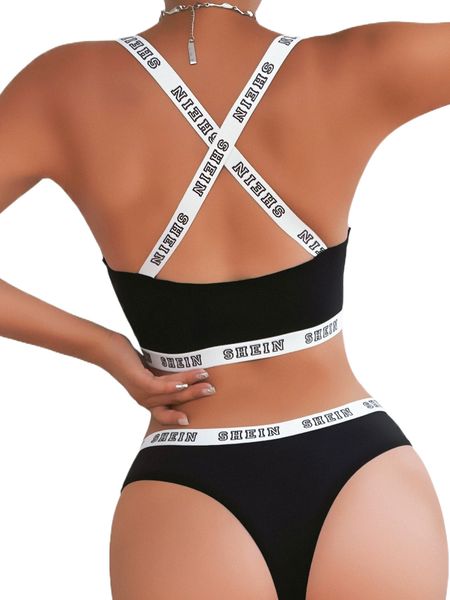 

letter graphic contrast trim wireless lingerie set 85od#, Black;red