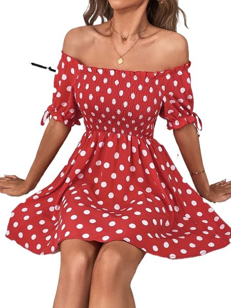 

polka dot print off shoulder shirred frill trim dress f39y#, Black;gray