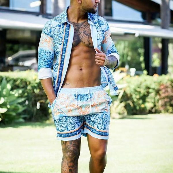 

shirt men tracksuits set fashion hawaiian print short sleeve beach coconut thin cool shorts aa, Gray