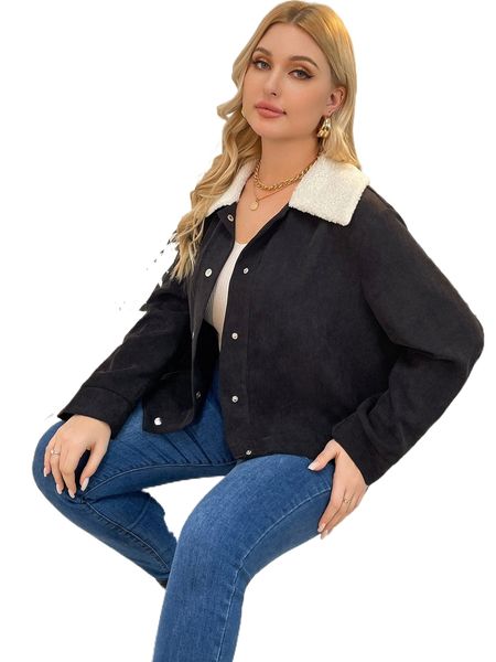 

plus borg collar corduroy jacket x1li#, Black