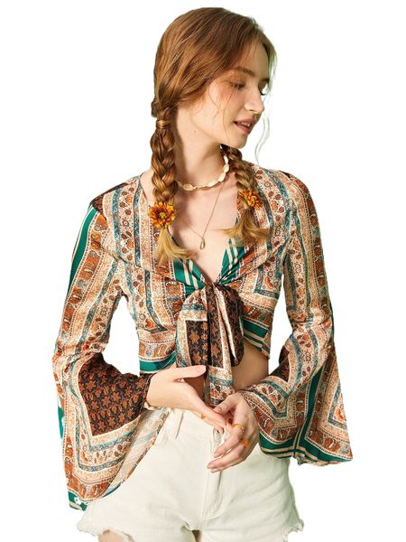 

mod floral print flounce sleeve knot front blouse q9ga#, White