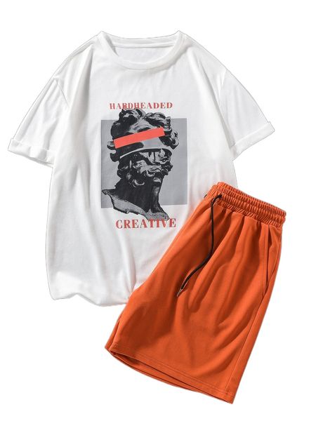 

men sculpture & letter graphic tee & drawstring waist shorts 77xj#, Gray