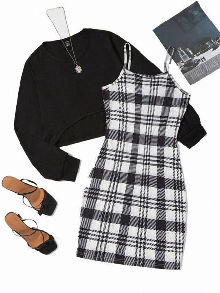 

solid tee & plaid print cami dress l2ff#, White