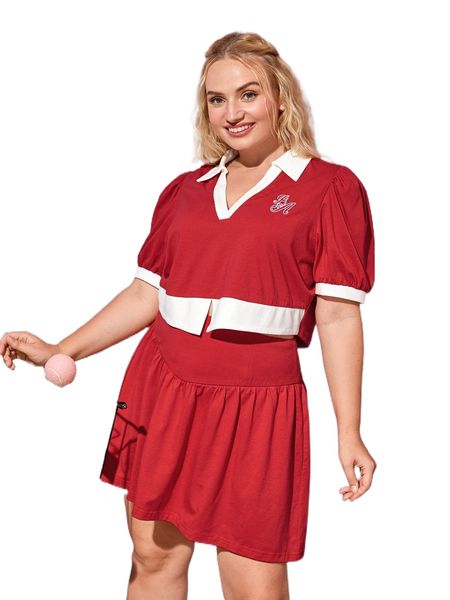 

plus contrast trim letter graphic & skirt set g6rh#, Black