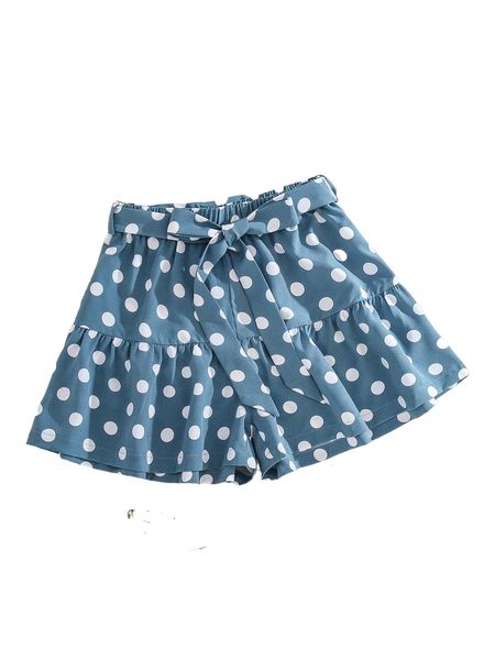 

polka dot ruffle hem belted shorts s9gh#, White;black