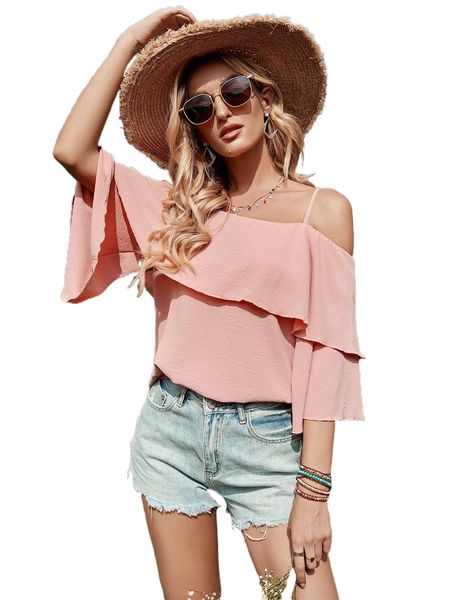 

cold shoulder textured trumpet sleeve ruffle trim blouse e6xo#, White