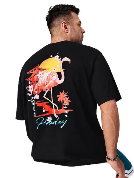 

extended sizes men japanese letter & flamingo print tee c7jv#, White;black