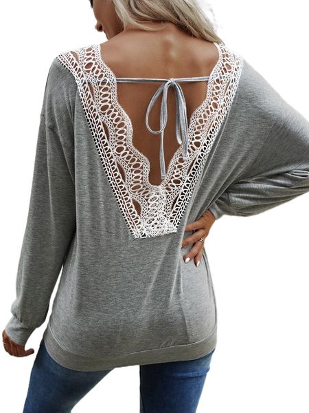 

guipure lace insert drop shoulder sweatshirt 813h#, Black