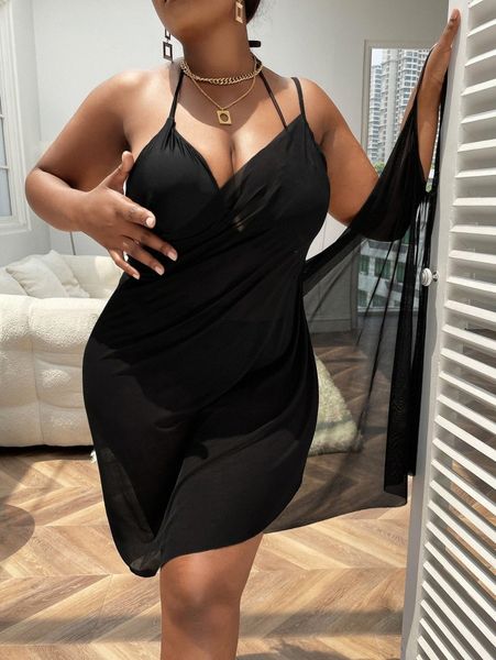 

plus sheer mesh wrap cover up 608g#, Black