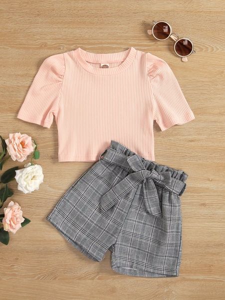 

toddler girls puff sleeve tee & plaid paperbag waist belted shorts she, White