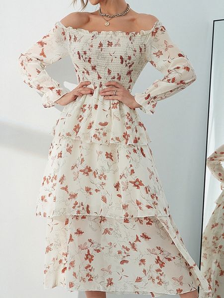 

floral print off shoulder flounce sleeve layered hem dress m9cd#, Black;gray