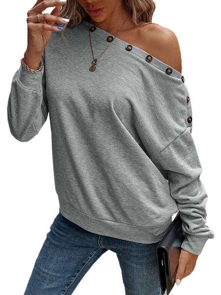 

button detail asymmetrical neck sweatshirt t8gz#, Black