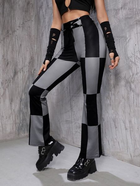 

colorblock high waist lace-up front pants p7qu#, Black;white